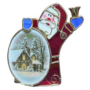 Stained Glass Santa Votive Tea Light Candle Holder 5 Inch Christmas Holiday Snow